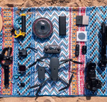 photography gear spread out on a blanket