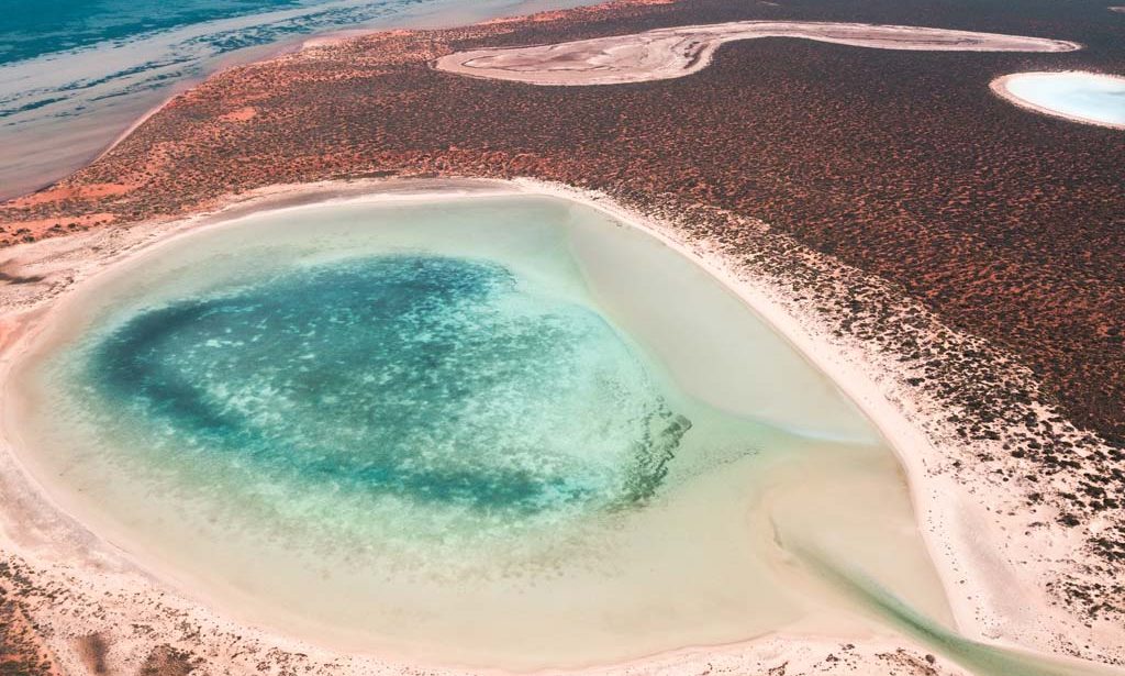 an arial view on lagoon with blue water and red sand in Shark Bay