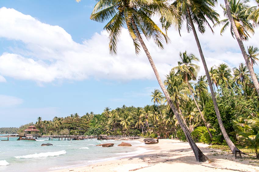palm trees, white sand and blue ocean on Koh Kood island