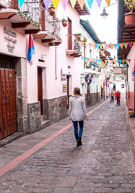 woman walking on the grey street with pink houses around in Quito