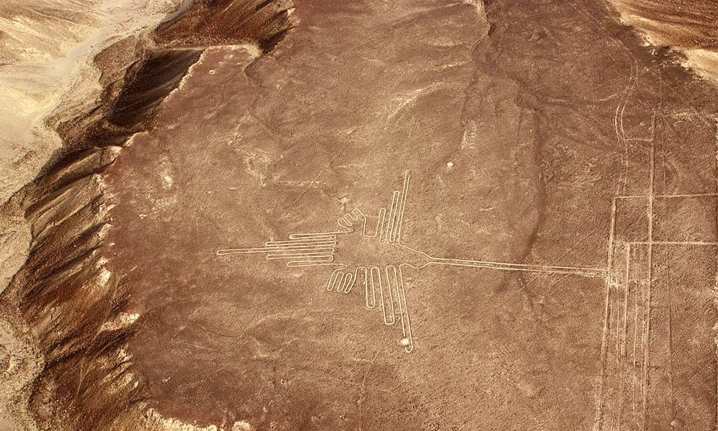 Nazca lines in Peru, brown earth and hummingbird